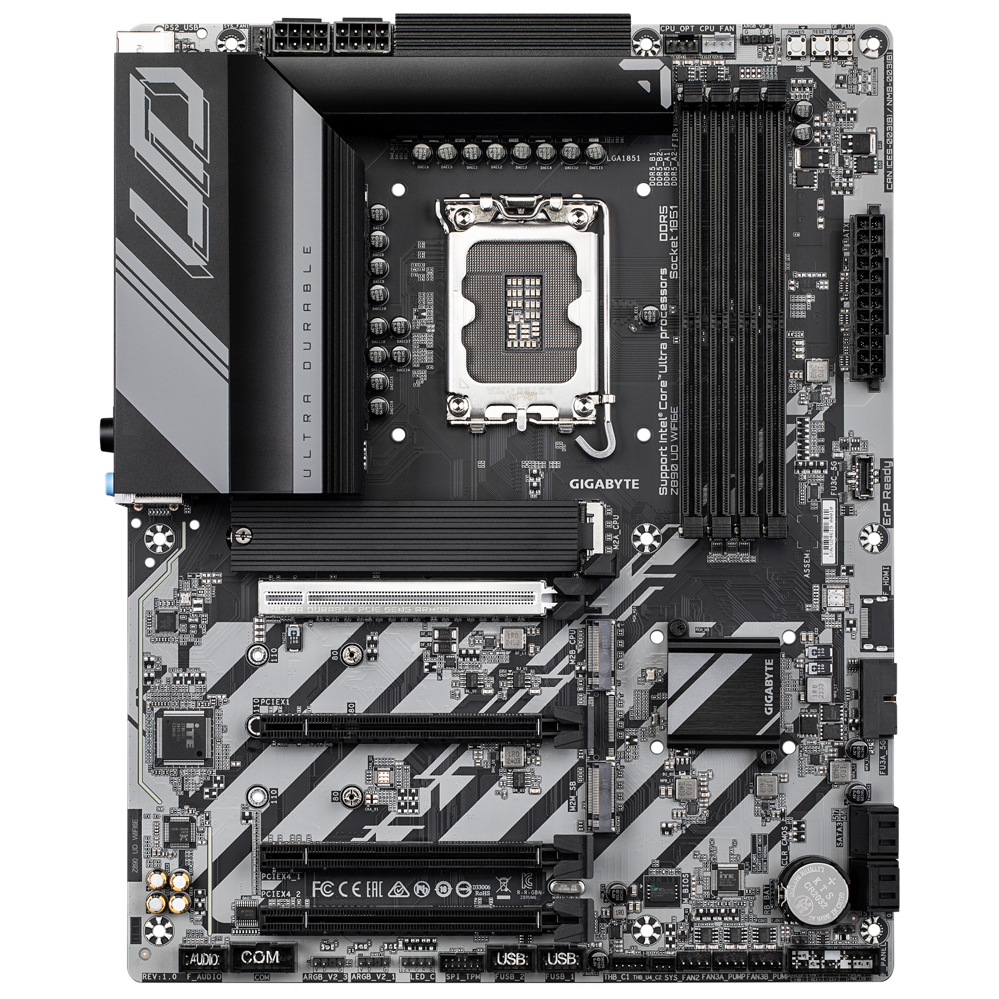 Z890 UD WiFi 6E motherboard by Gigabyte showing DDR5 slots and cooling heatsinks