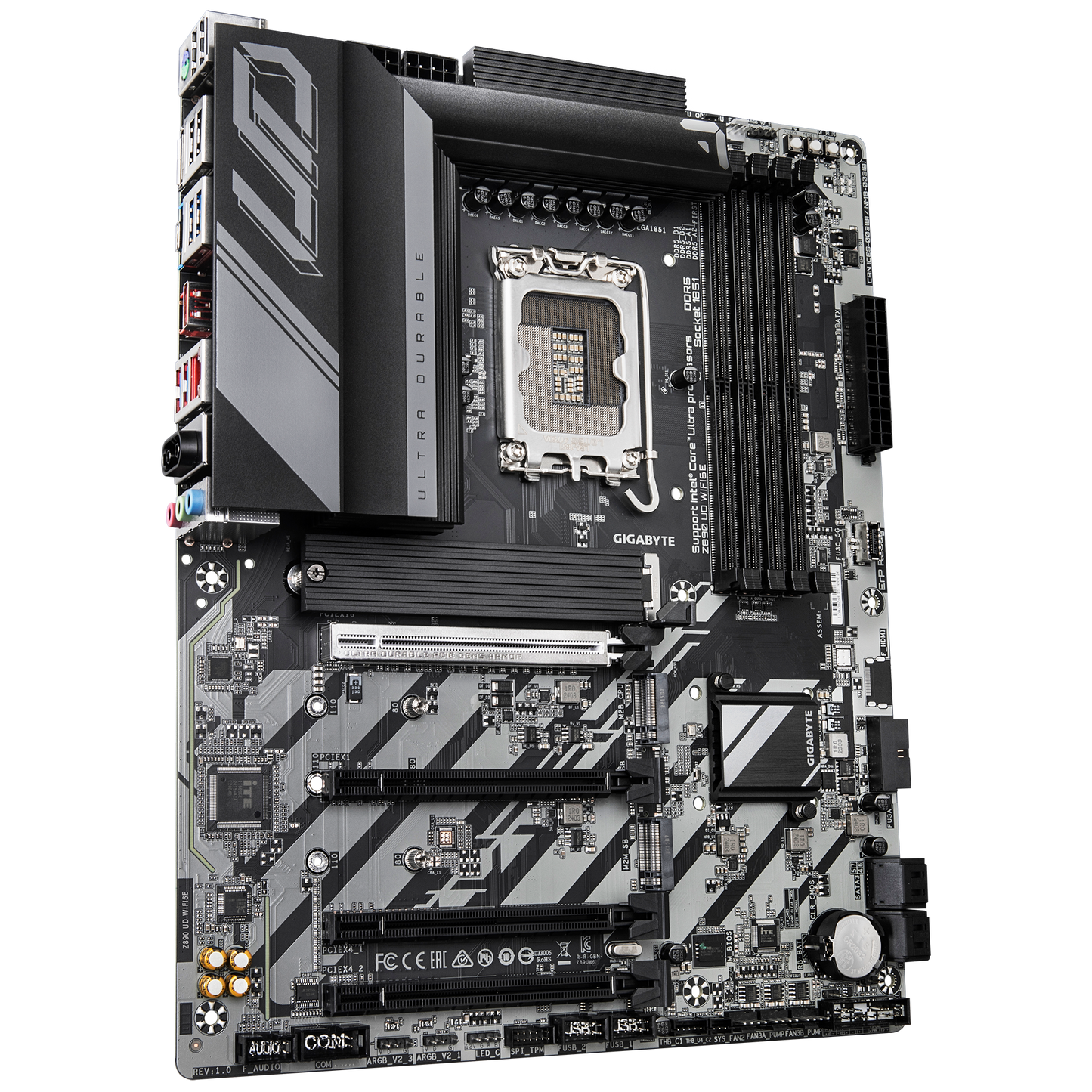 Gigabyte Z890 motherboard rear connectivity panel with WiFi 6E, USB, and display outputs