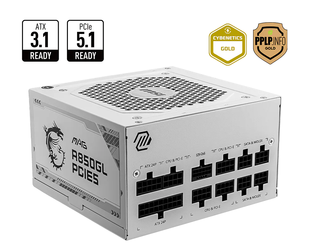 MSI MAG A850GL PCIE5 WHITE 850W Fully Modular ATX 3.1 PSU — 80 Plus Gold | Cybenetics Platinum | PCIe 5.1 | 12+4 Pin Native | Dual EPS | FDB Fan | LLC Full-Bridge | 7-Year Warranty