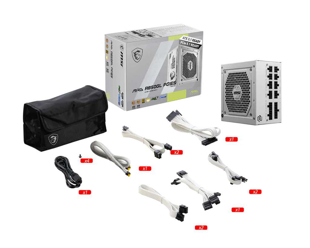 MSI MAG A850GL PCIE5 WHITE 850W Fully Modular ATX 3.1 PSU — 80 Plus Gold | Cybenetics Platinum | PCIe 5.1 | 12+4 Pin Native | Dual EPS | FDB Fan | LLC Full-Bridge | 7-Year Warranty