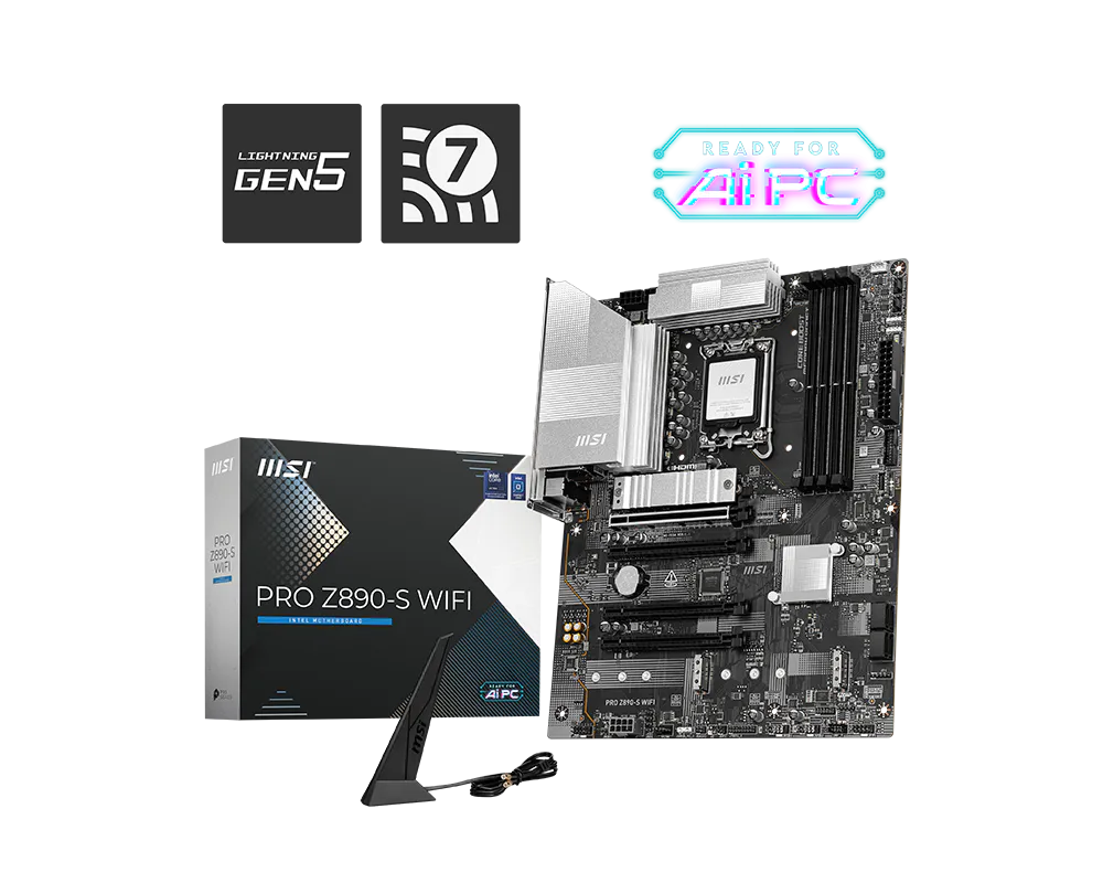 MSI PRO Z890-S WIFI Intel Z890 ATX Motherboard — LGA1851 | DDR5 | PCIe 5.0 | Wi-Fi 7 | 2.5GbE | Thunderbolt 4 | Silver Design | AI PC Ready