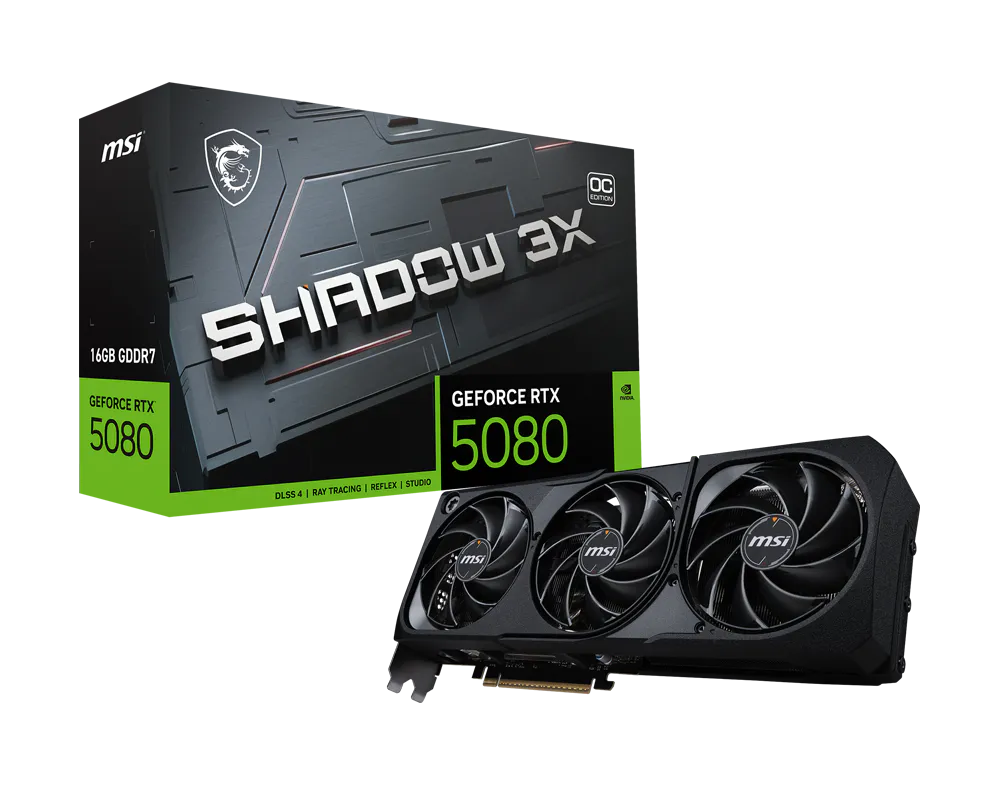 MSI GeForce RTX 5080 16G SHADOW 3X OC Graphics Card — NVIDIA Blackwell | 16GB GDDR7 | PCIe 5.0 | SFF-Ready | 2655 MHz
