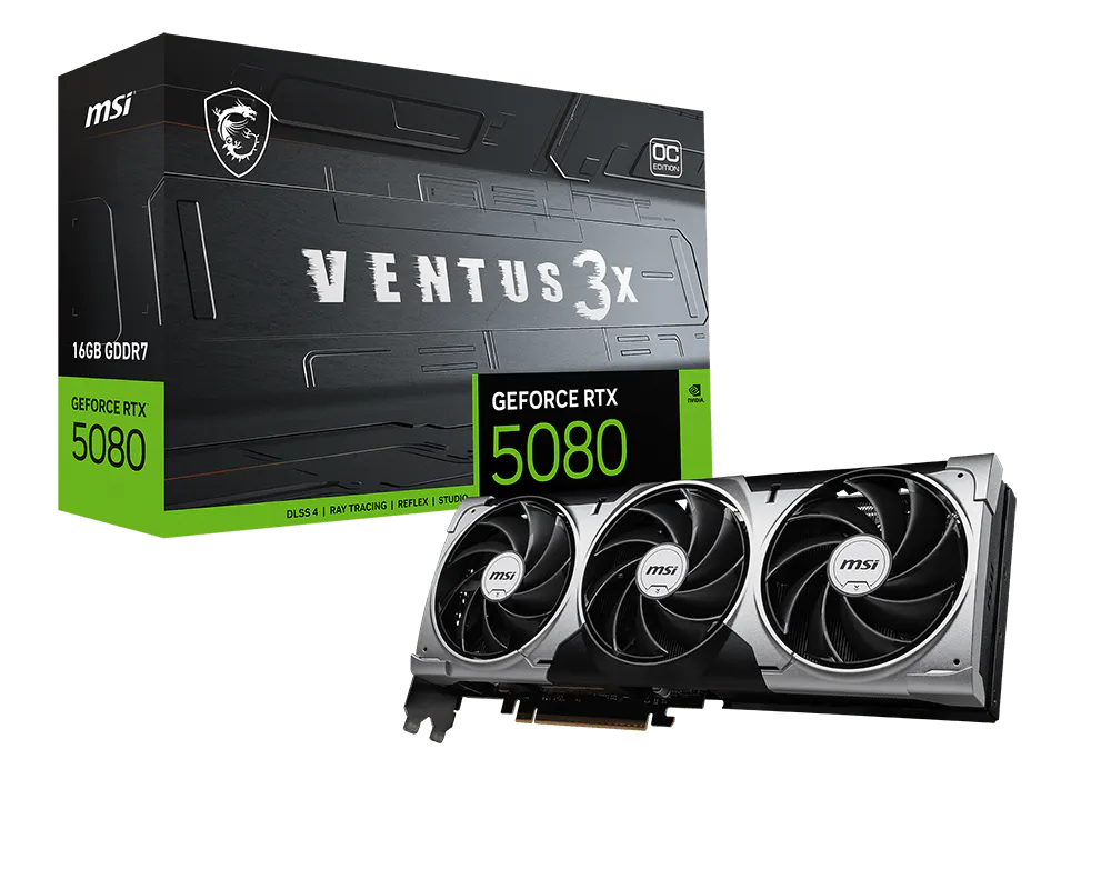MSI GeForce RTX 5080 16G VENTUS 3X OC Graphics Card — NVIDIA Blackwell | 16GB GDDR7 | PCIe 5.0 | SFF-Ready | 2655 MHz
