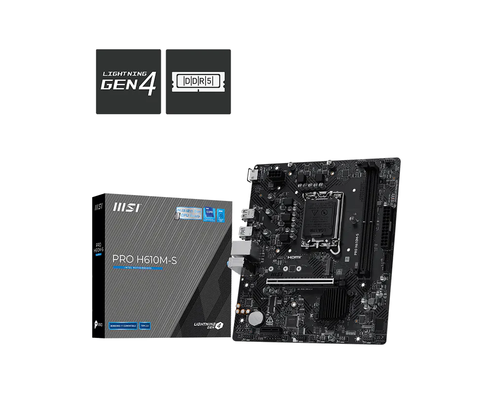 MSI PRO H610M-S Intel H610 Micro-ATX Motherboard — LGA1700 | DDR5 | PCIe 4.0 | COM Port | Compact 200mm | Business PRO Series