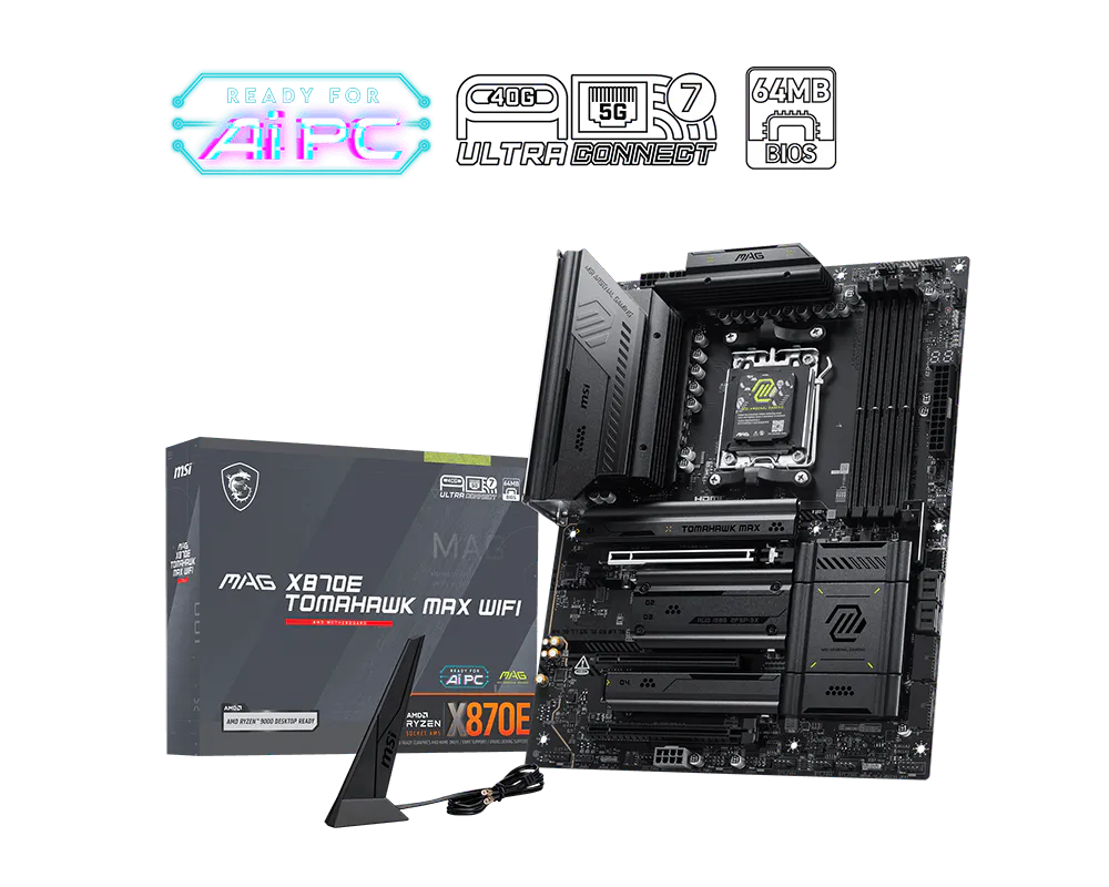 MSI MAG X870E TOMAHAWK MAX WIFI AMD X870E ATX Motherboard — AM5 | DDR5 | PCIe 5.0 | Wi-Fi 7 | 5G LAN | USB 40Gbps | AI PC Ready